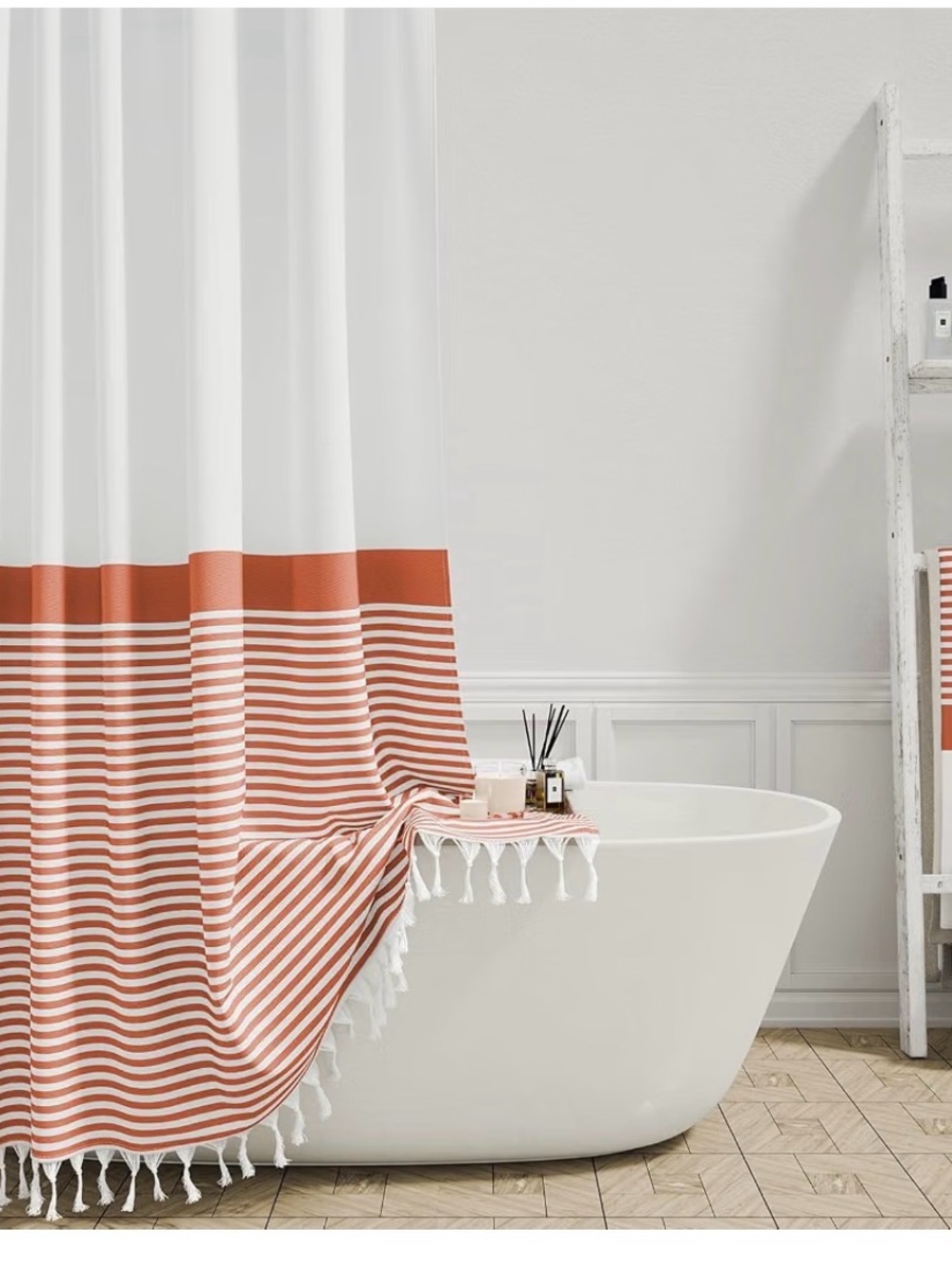 NWT Striped Tassel Shower Curtain - White and Orange